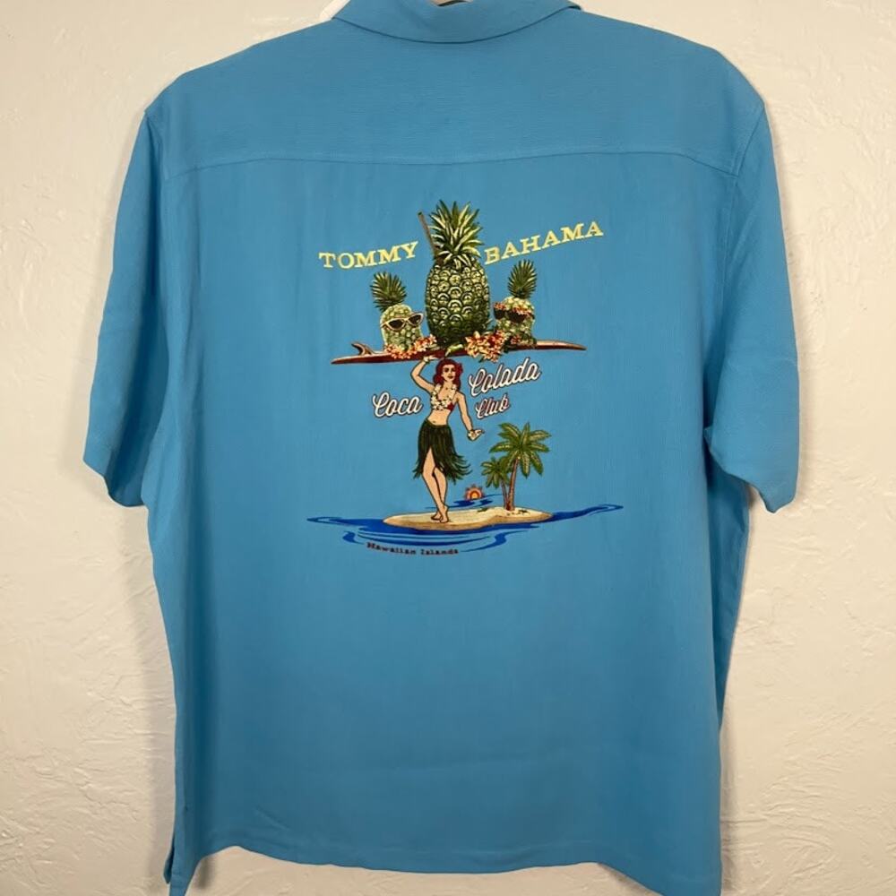 NWT Tommy Bahama Coco Colada Club Silk Camp Shirt Men’s 2XL Blue Palm Jacquard